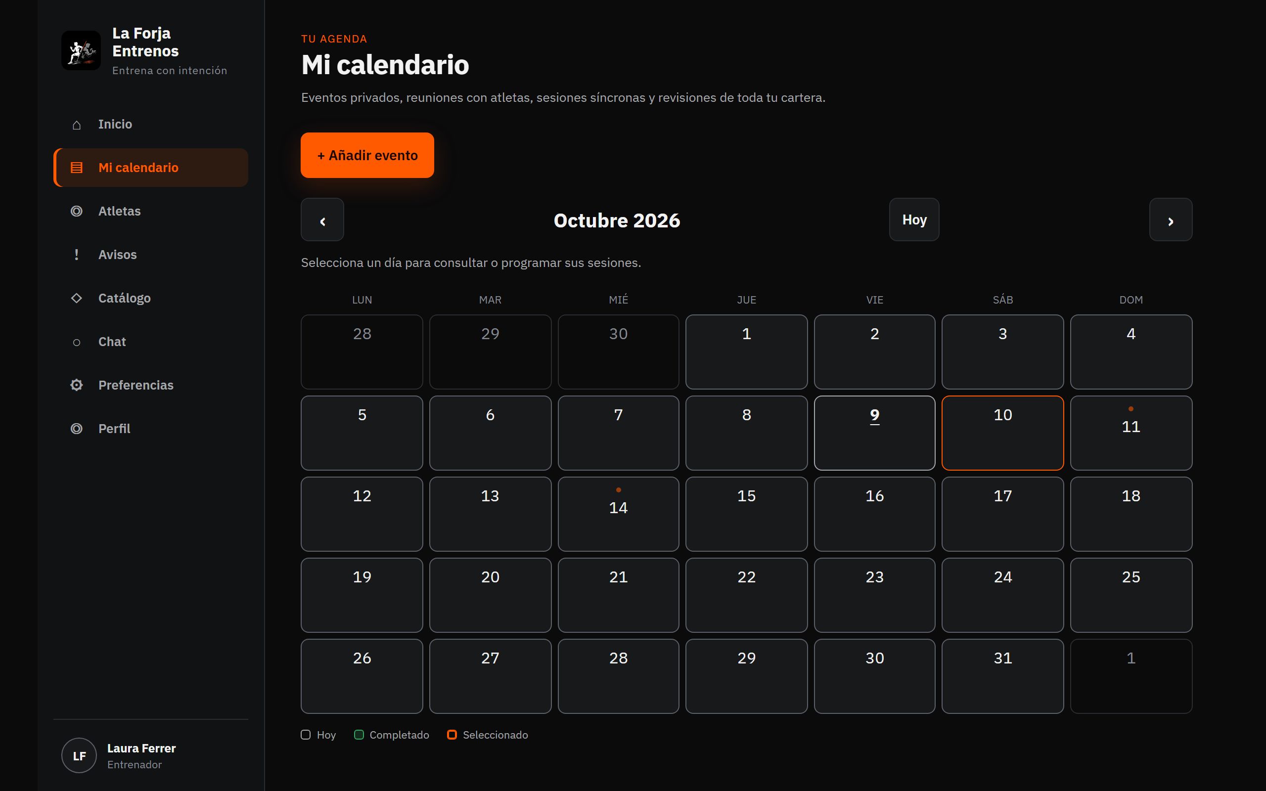 El calendario del entrenador con las sesiones de la semana.