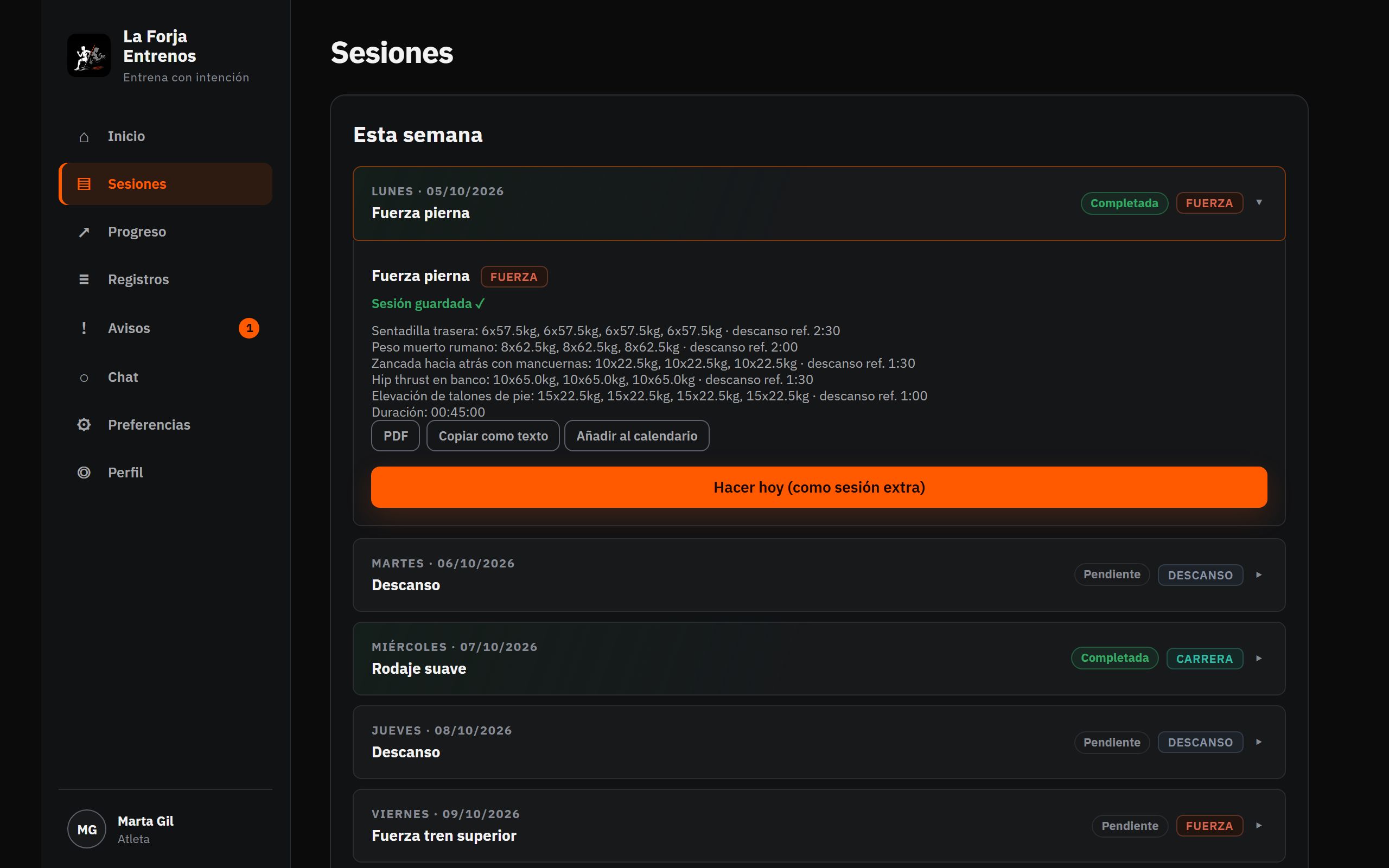 Detalle de una sesión de fuerza con las series registradas.